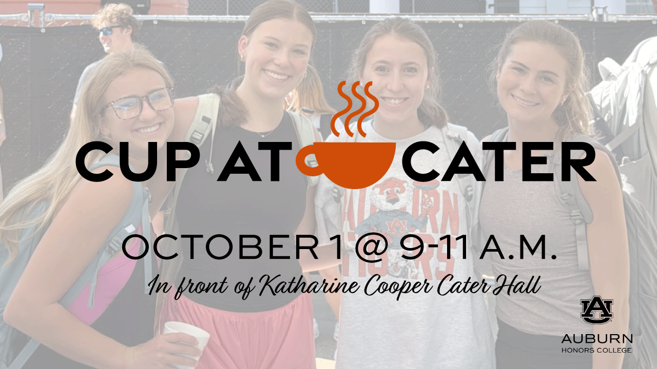 four individuals smiling and holding coffee cups at the Auburn University 'Cup at Cater' event in front of Katharine Cooper Cater Hall, scheduled for Octopber 1 from 9-11 A.M.