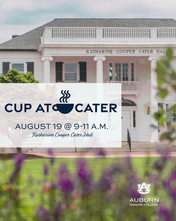 poster for cup at cater event on August 19 from 9 to 11 am. image has Cater hall in background with purple flowers in foreground