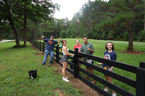 Six students work along a black wooden fence in a grassy area, some holding paintbrushes near a bucket, with trees and a road in the background.